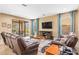Inviting living room with leather seating, large windows, and sliding doors to the outdoor patio at 32718 Summerglade Dr, Wesley Chapel, FL 33545