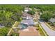 Aerial view of a home with a screened-in pool and patio, situated on a quiet street lined with trees at 4951 Musselshell Dr, New Port Richey, FL 34655