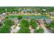 Aerial view of the property with mature trees, lake, and other homes in the neighborhood surrounding the property at 8420 Deer Chase Dr, Riverview, FL 33578