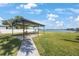 A lakeside community pavilion with picnic tables offers a scenic spot for outdoor gatherings and enjoyment at 9416 Star Gazer Ln, Riverview, FL 33578