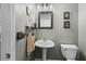 Cozy powder room featuring pedestal sink, framed mirror and charming decor at 10017 Smarty Jones Dr, Ruskin, FL 33573