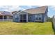 Rear exterior view highlights the home's backyard, lanai, and blue exterior at 11938 Bahia Valley Dr, Riverview, FL 33579