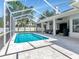 Beautiful screened pool with travertine deck and outdoor seating area, perfect for entertaining at 17205 Tiffany Shore Dr, Lutz, FL 33549