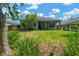Spacious backyard with a covered patio, lush lawn, and mature landscaping providing privacy at 19246 Meadow Pine Dr, Tampa, FL 33647