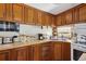 This kitchen is equipped with brown cabinets, a microwave, and a sink with a view of the outdoors at 34125 Chancey Rd, Wesley Chapel, FL 33543