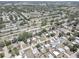 This birds-eye shows a residential neighborhood featuring diverse homes, mature trees, and a serene pond at 8358 Candlewood Rd, Seminole, FL 33777
