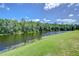 Scenic view of a serene pond surrounded by lush greenery and a grassy shoreline at 8474 Dunham Station Dr, Tampa, FL 33647