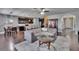 Open-concept living room with dark wood floors, sofa, and kitchen views at 12134 Creek Preserve Dr, Riverview, FL 33579