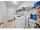Functional laundry room with modern appliances, shelving, and ample storage space at 17124 Falconridge Rd, Lithia, FL 33547