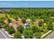 Aerial view of fenced dog park with walking paths, trees, and benches, providing a great place for pets to socialize at 18219 Ramble On Way, Land O Lakes, FL 34638