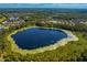 An aerial shot of the neighborhood's large lake surrounded by lush greenery at 19407 Sweet Grass Way, Lutz, FL 33558