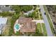 Beautiful home with an outdoor pool and lush landscaping, as seen from an aerial view at 206 Corbett St, Belleair, FL 33756