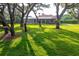 Lush backyard featuring mature trees and a screened patio with a red tile roof, perfect for outdoor living at 2680 Keystone Springs Rd, Tarpon Springs, FL 34688