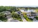 Aerial view of a neighborhood featuring lush greenery, tree-lined streets, and a shimmering lake at 27338 Hollybrook Trl, Wesley Chapel, FL 33544