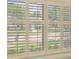 Close-up of a window with white shutters overlooking a well-manicured lawn and greenery at 4033 Priory Cir, Tampa, FL 33618