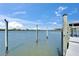 Dock pilings extend from the dock into the open water, with a bird perched atop one at 935 Chipaway Dr, Apollo Beach, FL 33572