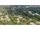 An aerial view showcases a quiet neighborhood surrounded by mature trees near a lake at 11802 Foxrun Ln, Temple Terrace, FL 33617