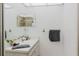 Bathroom features a mirrored medicine cabinet, toiletries, and modern gray hand towels at 11802 Foxrun Ln, Temple Terrace, FL 33617