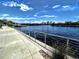 Scenic waterfront view with metal railing, sidewalk and city skyline under a clear blue sky with clouds at 12419 Dawn Vista Dr, Riverview, FL 33578