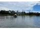Scenic view of waterfront with University of Tampa in the background, a tiki hut boat on the water, and lush palm trees at 12419 Dawn Vista Dr, Riverview, FL 33578