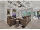 Inviting living room features a coffered ceiling, custom built-ins, and seamless access to the outdoor pool area at 20632 Broadwater Dr, Land O Lakes, FL 34638