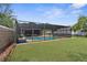 Backyard pool is fully enclosed with a screened-in patio, green grass, and tall fence for privacy at 2444 Magellan Ave, Spring Hill, FL 34608