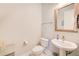 Neat bathroom with contemporary fixtures, including a pedestal sink, commode, and a decorative framed mirror at 4710 W El Prado Blvd, Tampa, FL 33629
