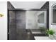 Shower with large stone-patterned tiles and black-framed sliding glass door and brass hardware at 11747 104Th N St, Largo, FL 33773