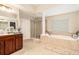 Bright bathroom featuring dual sinks, a walk-in shower and separate soaking tub at 20251 Ravens End Dr, Tampa, FL 33647