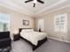 Bright bedroom featuring carpet flooring, a ceiling fan, a large window and recessed lighting at 311 Vista Cruiser Ln, Oldsmar, FL 34677