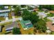 An overhead view capturing the home's setting with mature trees, a screened-in pool, and a scenic pond at 3414 Rankin Dr, New Port Richey, FL 34655