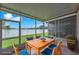 The screened-in patio includes a wooden table and chairs, plants, and views of the green backyard at 4862 Pond Ridge Dr, Riverview, FL 33578