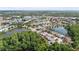 A captivating aerial view showcasing a charming lakeside neighborhood with mature trees at 7235 Sharpsburg Blvd, New Port Richey, FL 34653