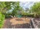 Backyard area featuring a cozy fire pit surrounded by mature trees at 7903 Heather Ct, Tampa, FL 33634