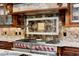 Close up of chef's kitchen featuring professional-grade stainless steel range and custom backsplash at 1102 Merry Water Dr, Lutz, FL 33548