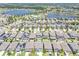 Beautiful aerial view showcasing the community's well-maintained homes, serene lake, and lush green spaces at 11416 Alachua Creek Ln, Riverview, FL 33579