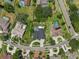 Overhead aerial view of a neighborhood featuring well-manicured lawns and private pools at 16910 Equestrian Trl, Odessa, FL 33556