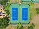 Aerial view of two tennis courts featuring a green perimeter and blue playing surfaces at 16910 Equestrian Trl, Odessa, FL 33556