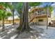 Backyard showing the deck, staircase, and seating below a large shade tree over a white gravel area at 1735 Maryland Ne Ave, St Petersburg, FL 33703