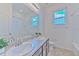 Well-lit bathroom featuring double sinks, a shower/tub combo, and bright natural light at 32829 Woodthrush Way, Wesley Chapel, FL 33545