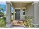 Inviting entryway featuring a stylish gray front door, elegant columns, and beautiful decorative plants at 9907 Spanish Lime Ct, Riverview, FL 33578