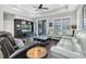 Spacious living room with dark wood floors and luxurious leather seating, perfect for relaxation and entertainment at 12462 Rangeland Blvd, Odessa, FL 33556