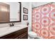 Bathroom with granite vanity, framed mirror, and shower with decorative curtain at 3100 Barbour Trl, Odessa, FL 33556