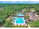 Stunning aerial view of a community pool with ample seating and a large pool deck surrounded by mature trees at 3243 Watermark Dr, Wesley Chapel, FL 33544