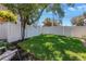 A private backyard with a well-maintained lawn, enclosed by a white fence for added privacy at 420 S Matanzas Ave, Tampa, FL 33609