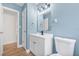 Freshly renovated bathroom with blue walls, white cabinets, and updated fixtures at 1323 48Th N Ave, St Petersburg, FL 33703