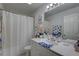 Clean bathroom showcasing a shower with curtain, white vanity, and ample lighting and decorative touches at 222 Draw Bridge Ln, Valrico, FL 33594