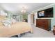 A beautiful primary bedroom boasts a TV, carpeted floors and an entrance to the ensuite bathroom at 2701 W Bay Ave, Tampa, FL 33611