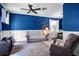 Cozy living room featuring blue accent walls, white wainscoting, and comfortable seating at 1755 Open Field Loop, Brandon, FL 33510
