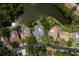 An aerial view of the real estate reveals well-maintained homes, sparkling pools, and lush green landscaping in a tranquil setting at 3138 Edgemoor Dr, Palm Harbor, FL 34685